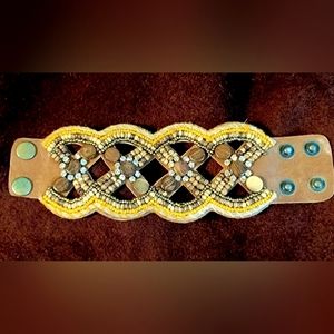 Wide Leather Hand-beaded Bracelet With Snaps